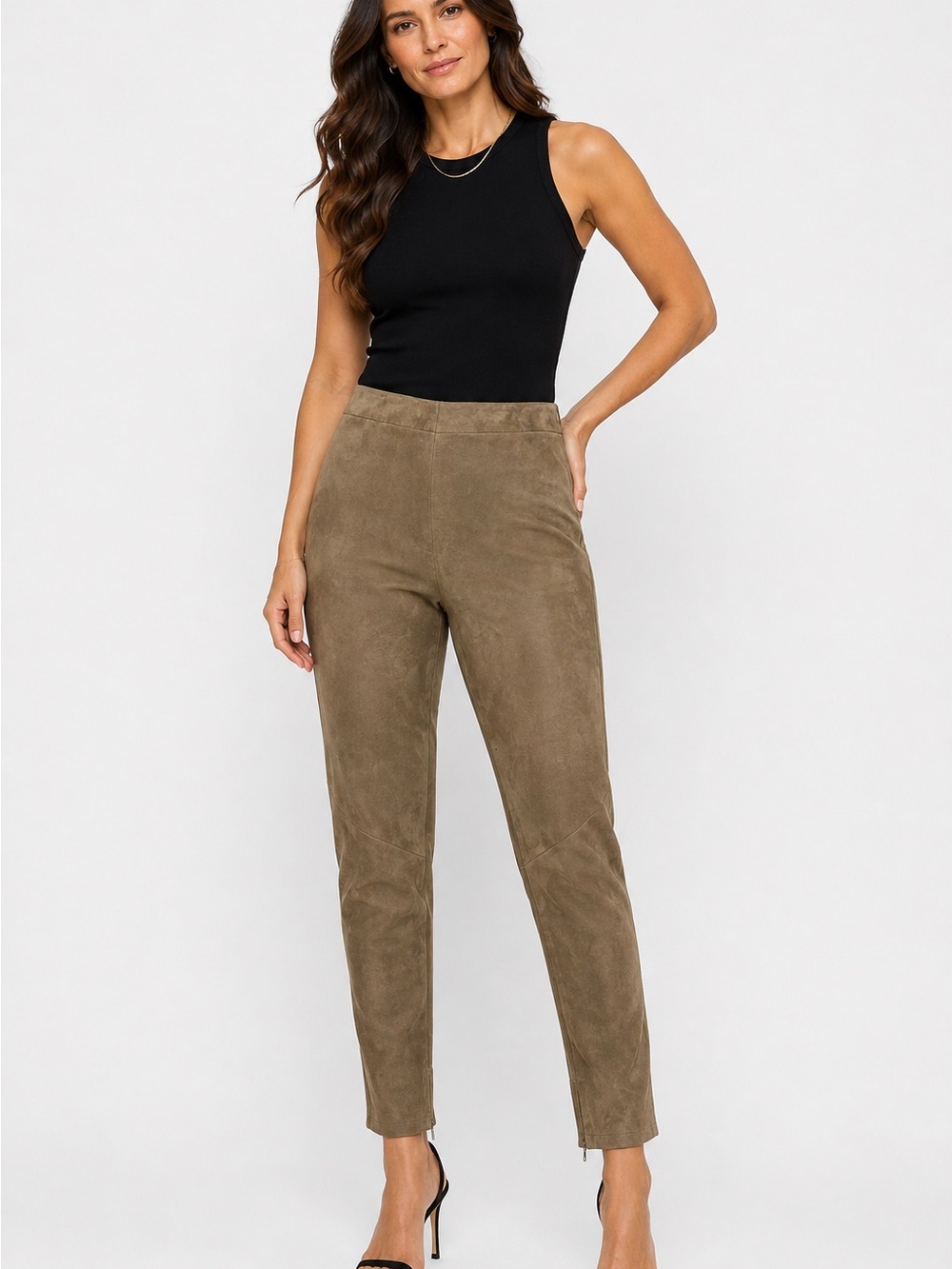 Lafayette 148 New York Size 4 Tan Suede Leather Ankle Pants Zip Hem
